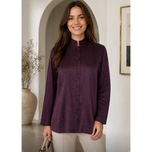 NWT!! EILEEN FISHER Silk Mandarin Collar Pleated Jacket Purple Lava Small Petite